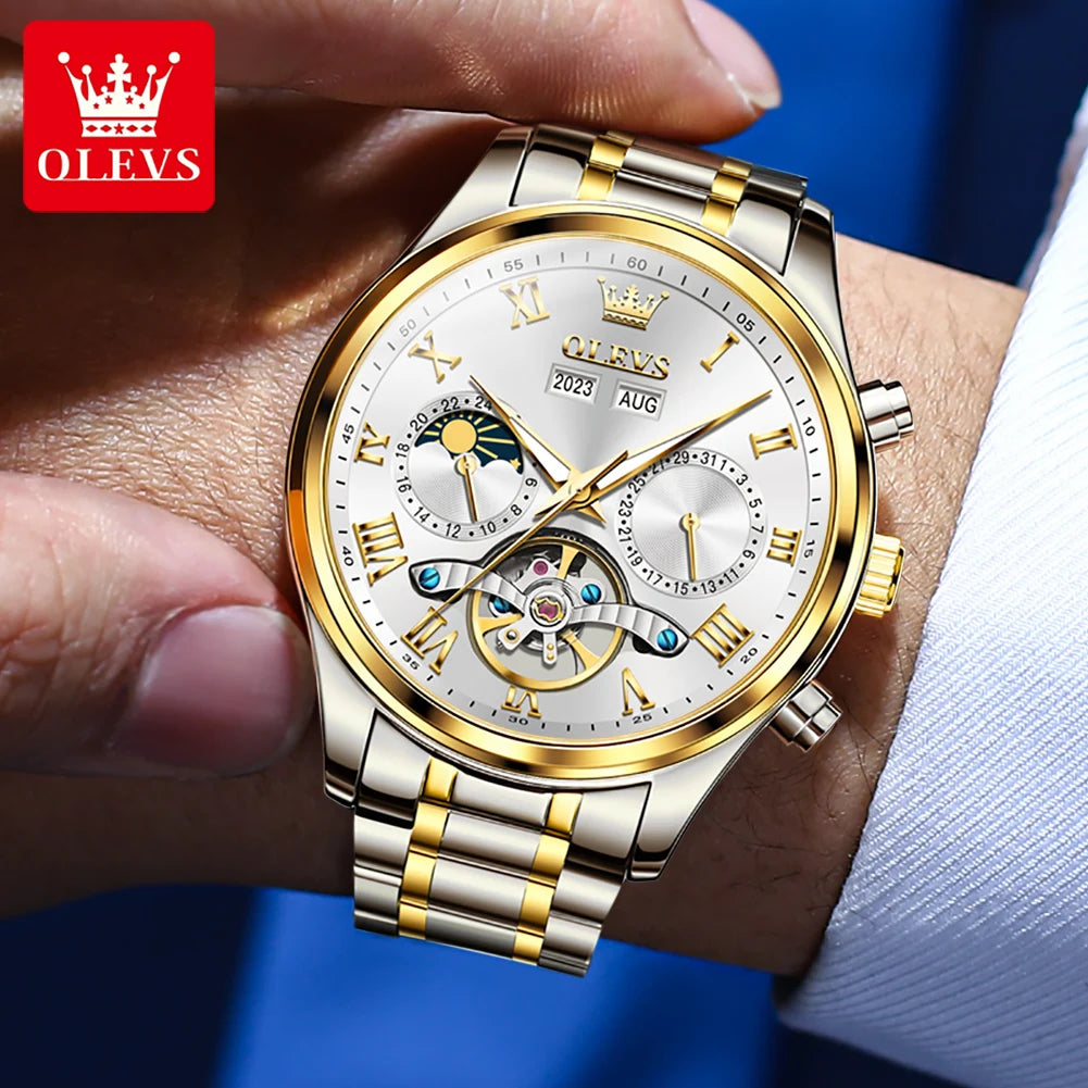 OLEVS 7005 Classic Business Mechanical Wristwatch for Man Skeleton Flywheel 24 Hour Moon Phase  Calendar Luxury Men's Watch