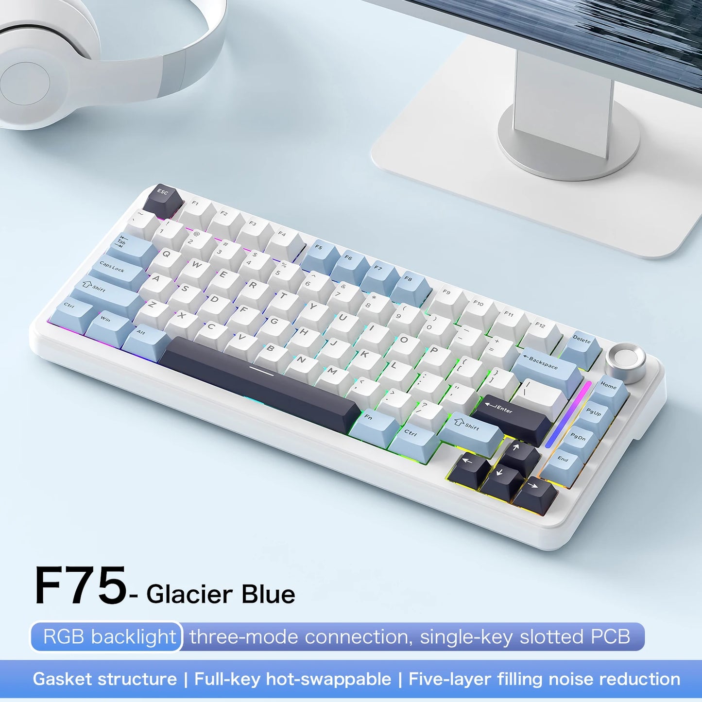 75% Hot Swap Gaming Keyboard Wireless FREEWOL F75 RGB Mechanical Keyboard with Metal Knobs AULA F75 Same Model, Tri-Mode, 4000 mAh