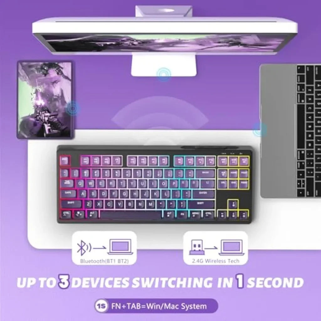 Teclado Gaming Sem Fios Free Wolf M87 75% - Switches Silenciosos, Retroiluminação Rainbow, BT/2.4G, Teclas PBT em Degradé, Design Compacto
