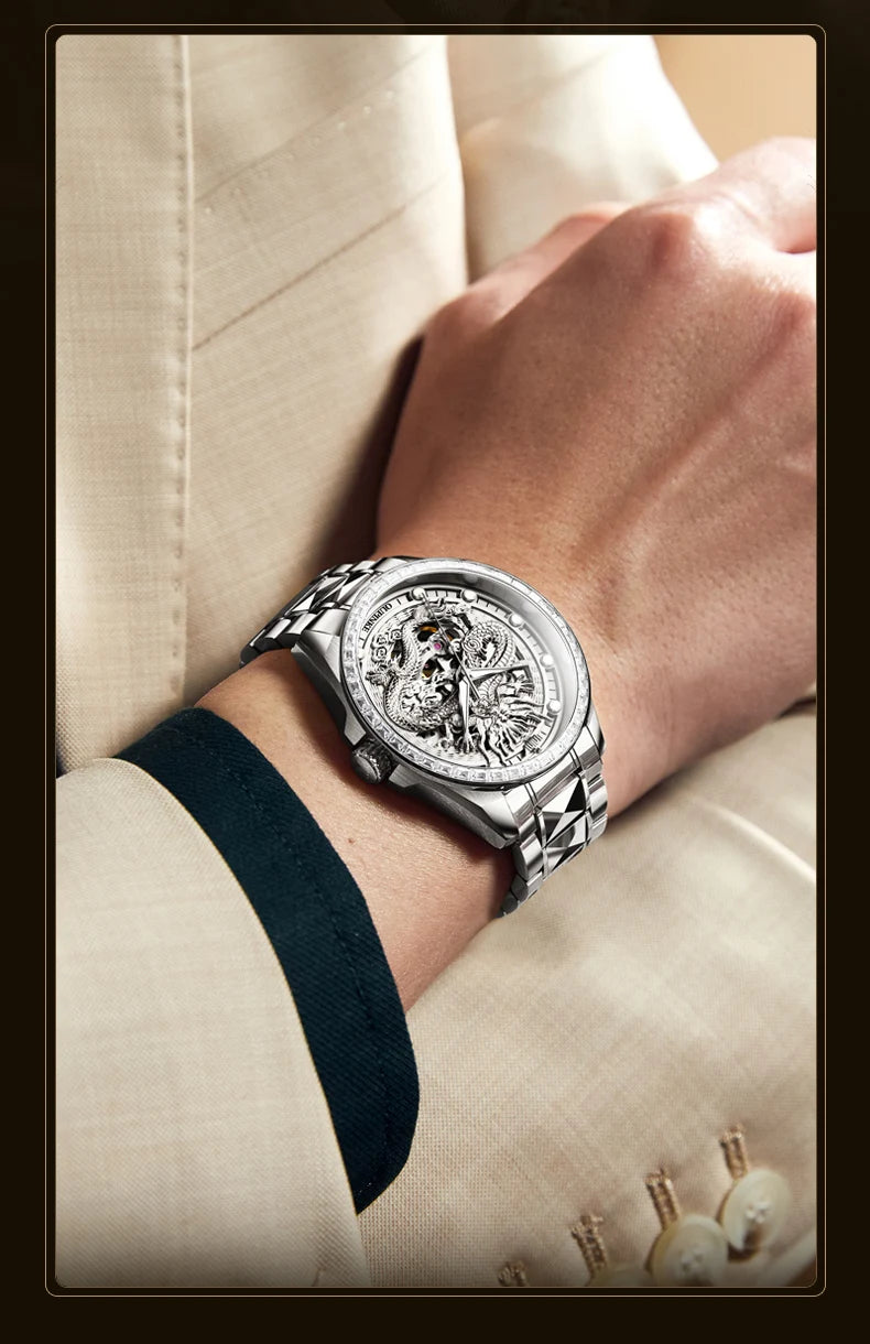 OUPINKE Orologio da uomo Top Brand di lusso in oro e acciaio al tungsteno, orologio da polso meccanico automatico originale con quadrante con motivo drago
