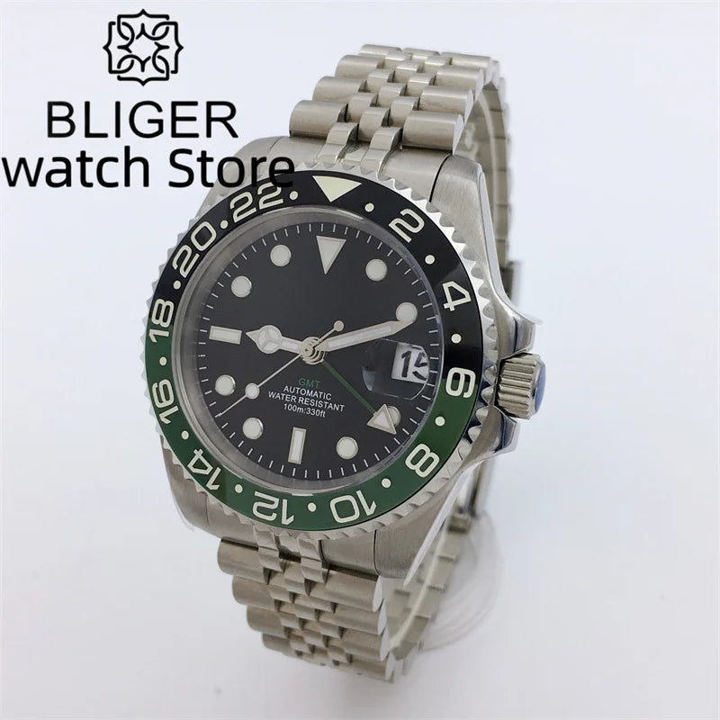 BLIGER 40mm NH34 GMT Watch For Men Mechanical Wristwatch Luminous Bezel Sapphire Glass Stainless Steel Bracelet Men's Watch