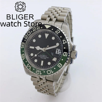 BLIGER 40mm NH34 GMT Watch For Men Mechanical Wristwatch Luminous Bezel Sapphire Glass Stainless Steel Bracelet Men's Watch