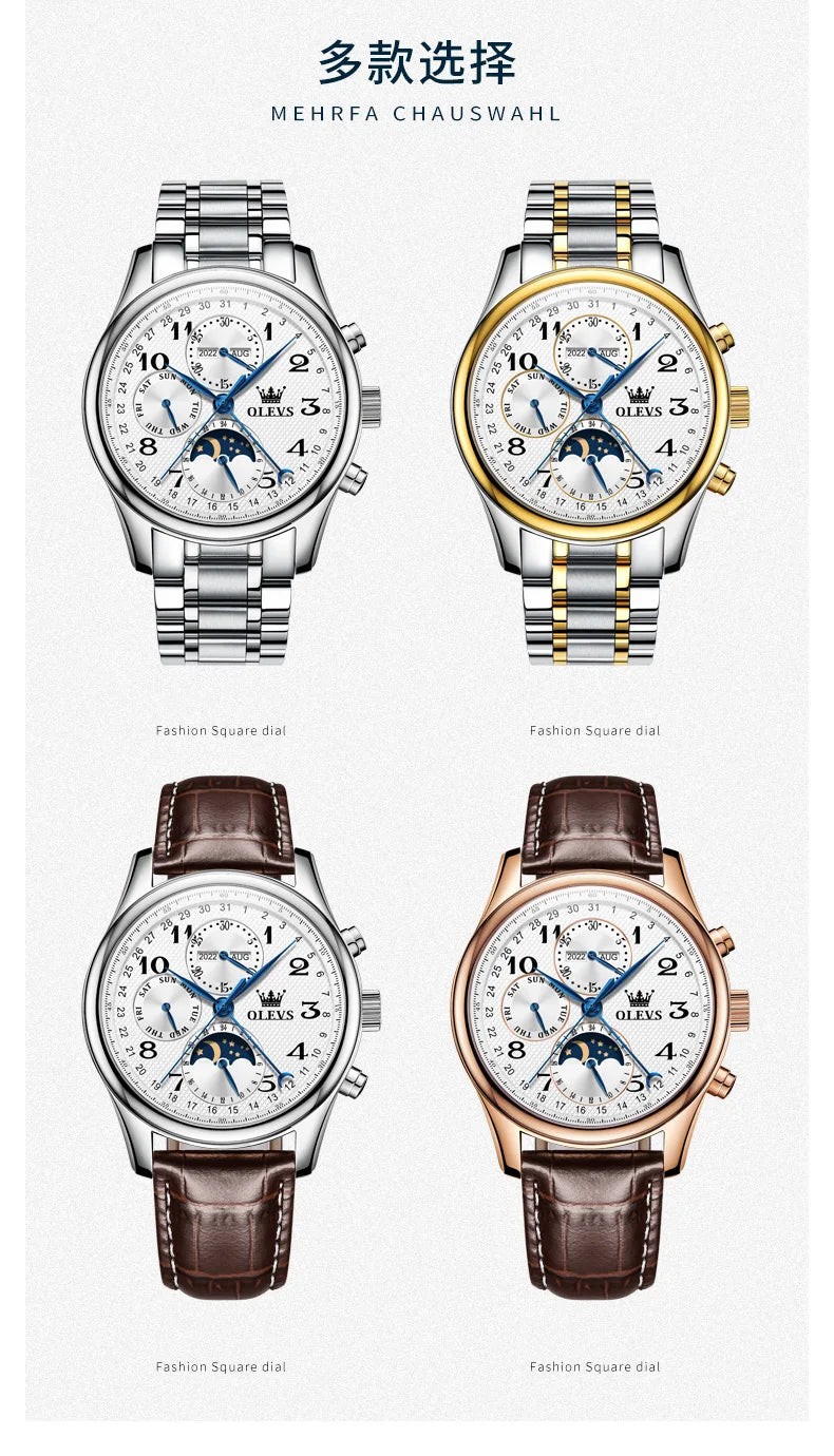 OLEVS 6667 Mens Watch Multifunctional Chronograph Mechanical Watch Leather Strap Moon Phase Watches For Man Luxury Original