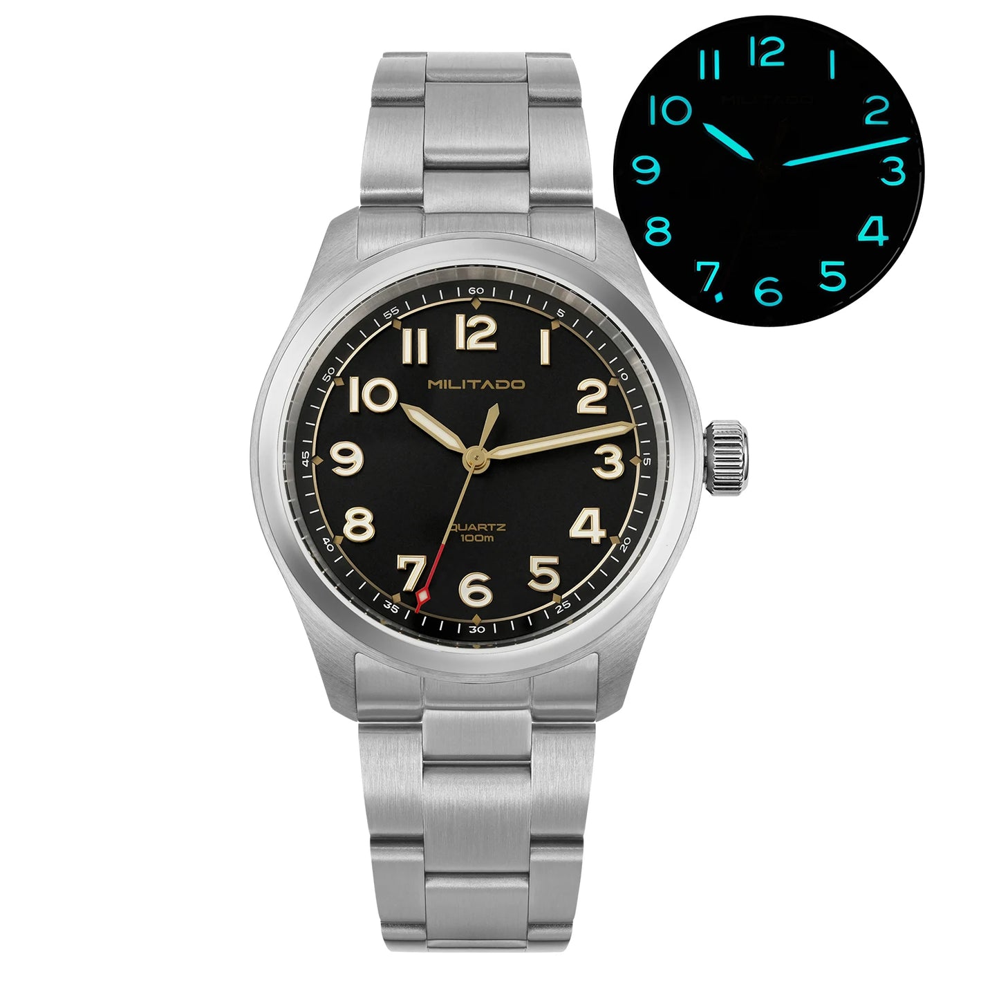 Militado ML08 Quartz Watch  VH31 Movement Steel Strip Sapphire Crystal Vintage Watch 10Bar Waterproof BGW9 Luminous Mens Watch