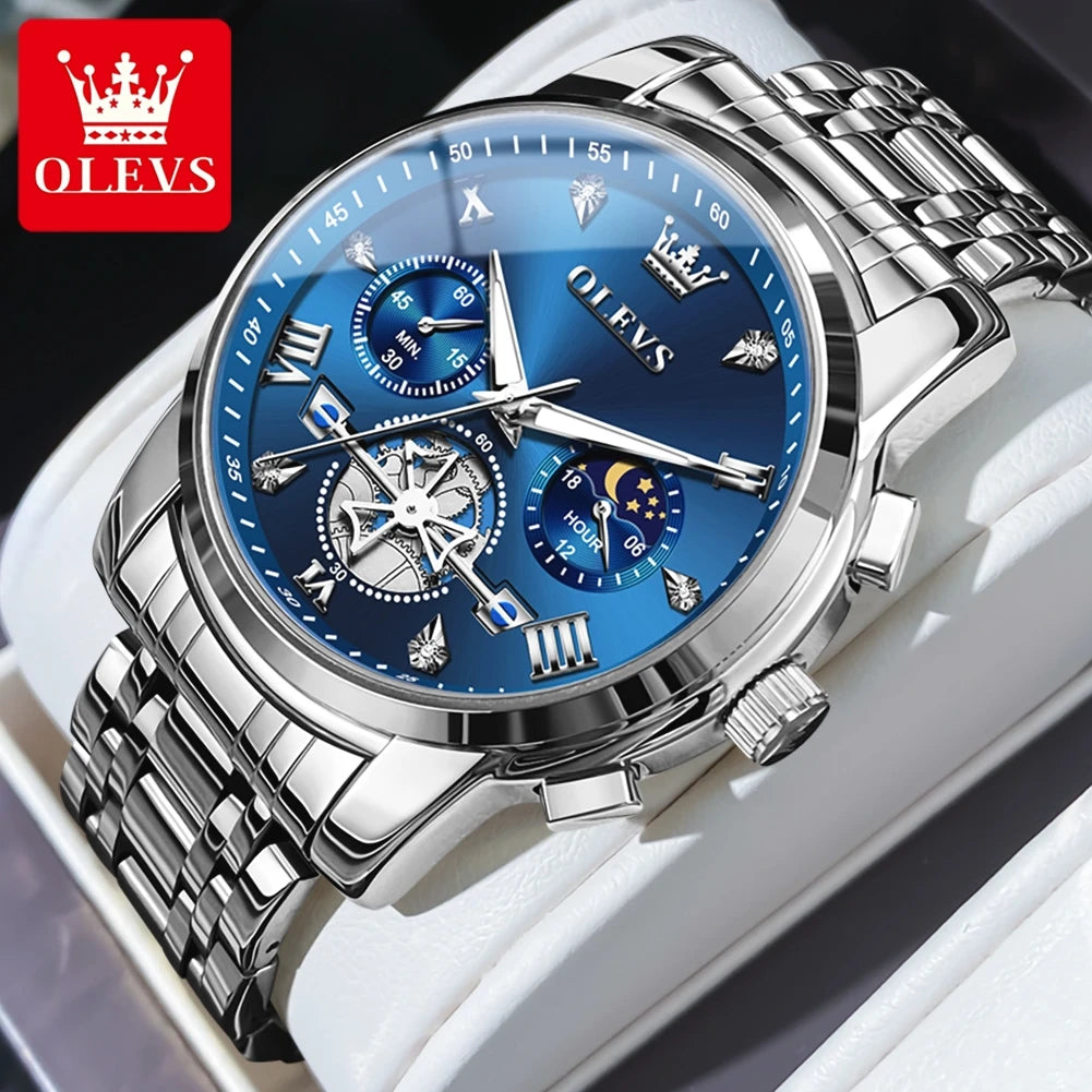 OLEVS Men's Watches Classic Multifunctional Flywheel Chronograph Original Quartz Wristwatch Moon Phase 24 Hour Waterproof Watch