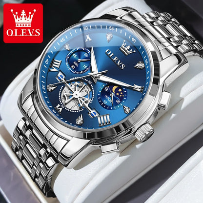 OLEVS Men's Watches Classic Multifunctional Flywheel Chronograph Original Quartz Wristwatch Moon Phase 24 Hour Waterproof Watch