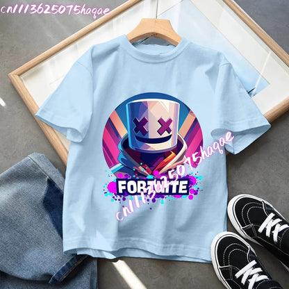 T-shirt blu in cotone per bambini Fortnites, maglietta a maniche corte Fortress Night per bebè, capo estivo cartoon per bambini e bambine, top kawaii, idea regalo