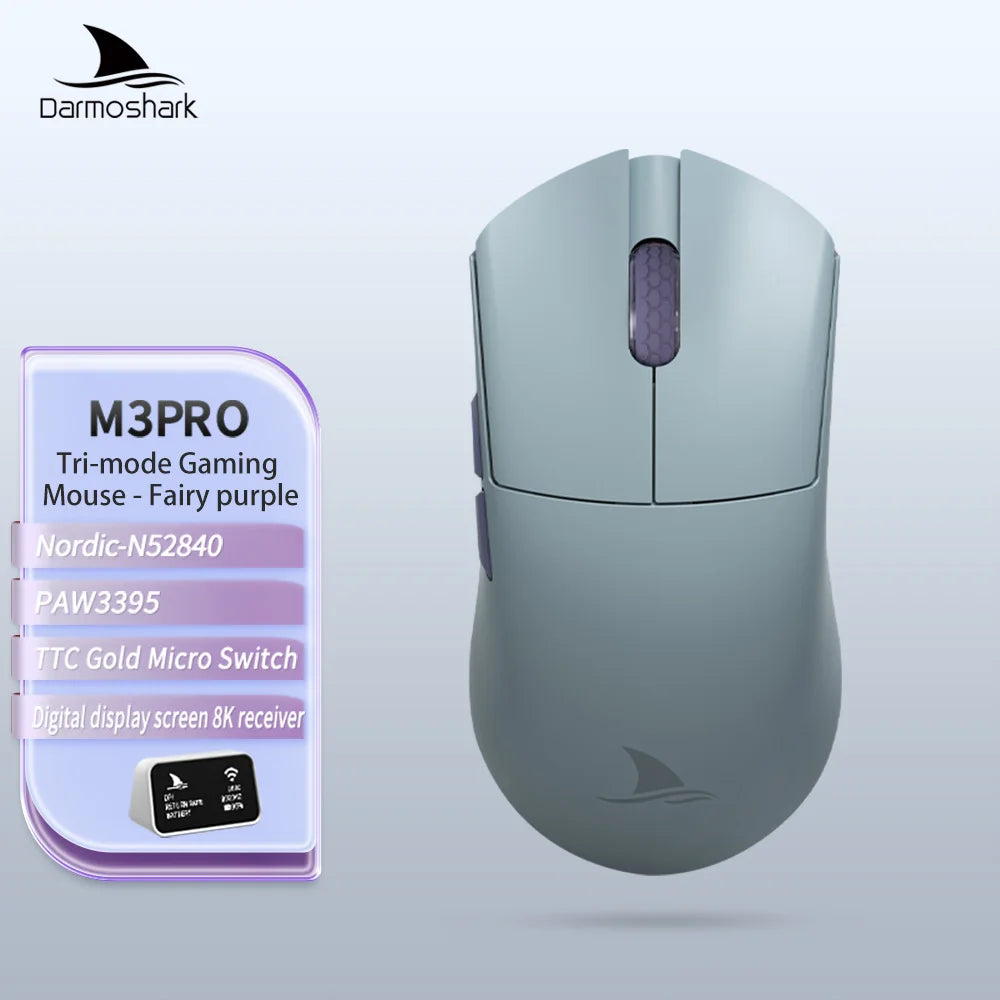 Mouse da gaming Darmoshark M3Pro 2.4G BT wireless tri-mode, sensore PAW3395, N52840, 26000DPI, mouse con driver macro per mani grandi per il gaming