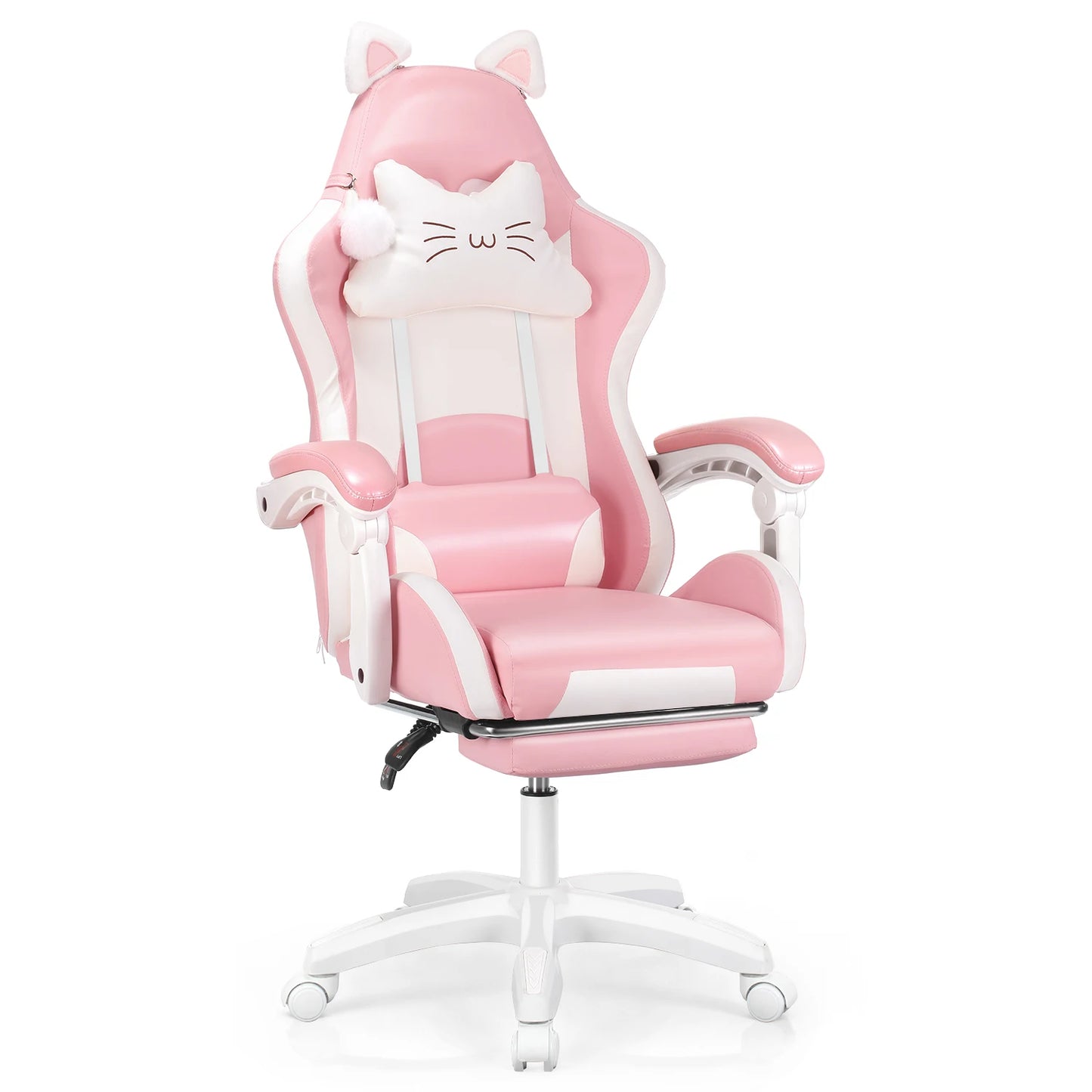 Sedia da gaming con orecchie da gatto, poltrona da computer con poggiapiedi e supporto lombare, sedia da gioco regolabile in altezza, seduta girevole a 360°