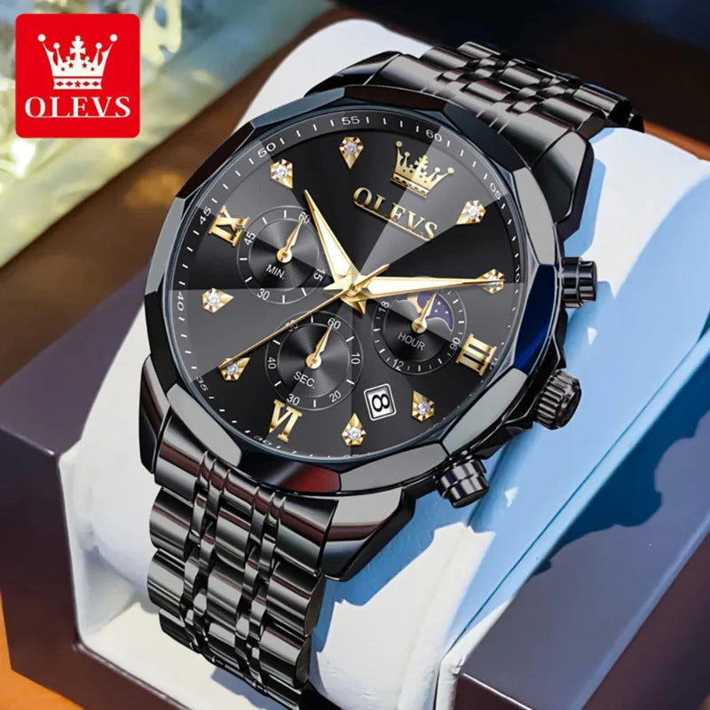 Montre homme OLEVS 3670, élégante, à phase de lune, à quartz, étanche, lumineuse, automatique, date, en acier inoxydable