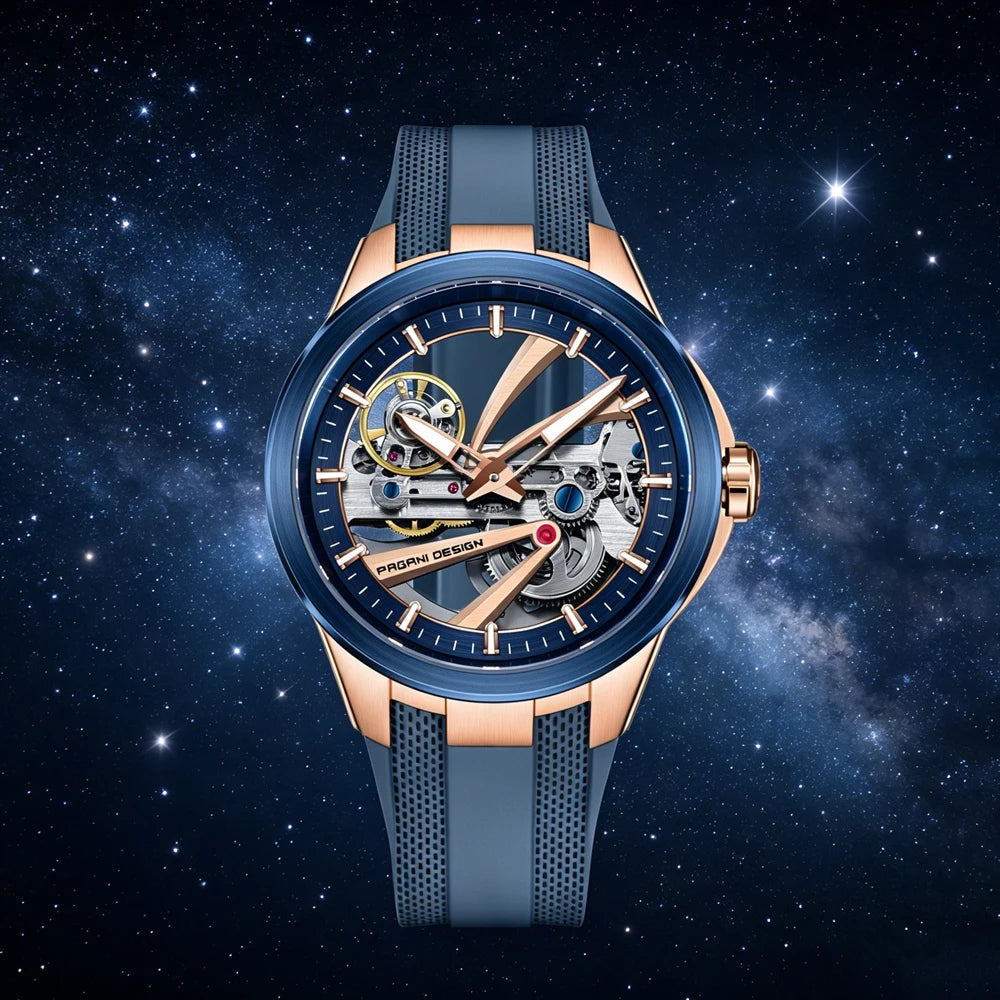 Ceas pentru bărbați PAGANI DESIGN – Model mecanic automat de lux, de tip „schelet” (cu mecanism expus), dotat cu un tourbillon, sticlă de safir cu tratament antireflex, rezistent la apă și luminescent.