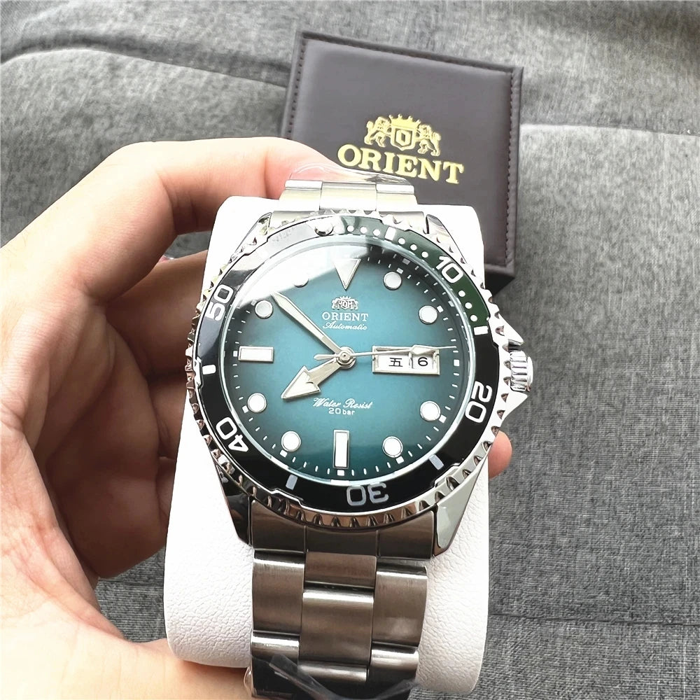 Orient Men's 200M Waterproof Automatic Dive Watch Dial Stainless Steel Bracelet Day Date Self-Winding Luminous Wristwatch
