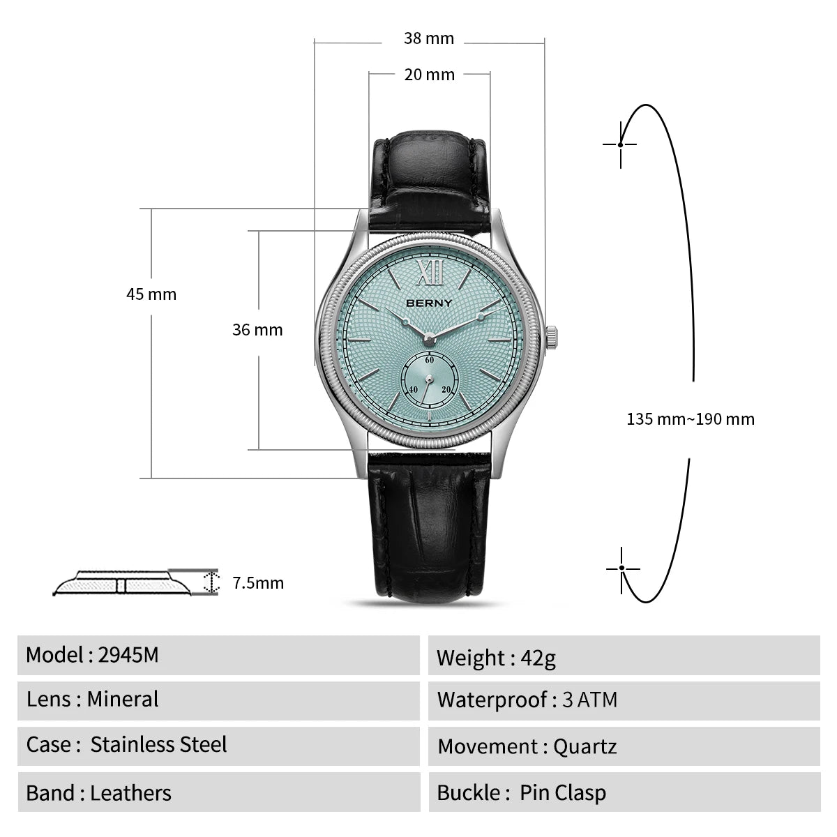 BERNY Watches for Men Luxury Slim Classic Stylish Dress Quartz Watch Stainless Steel Case Elegance Leather Band Wristwatch