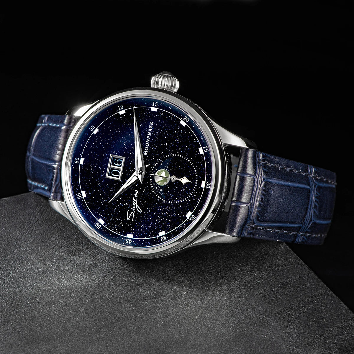 Sugess 2022 Luxury Man Watch Moonphase Blue GoldStone Dial Tianjin 2528 Movement Stainless Steel Starry Sky Limited Edition V3