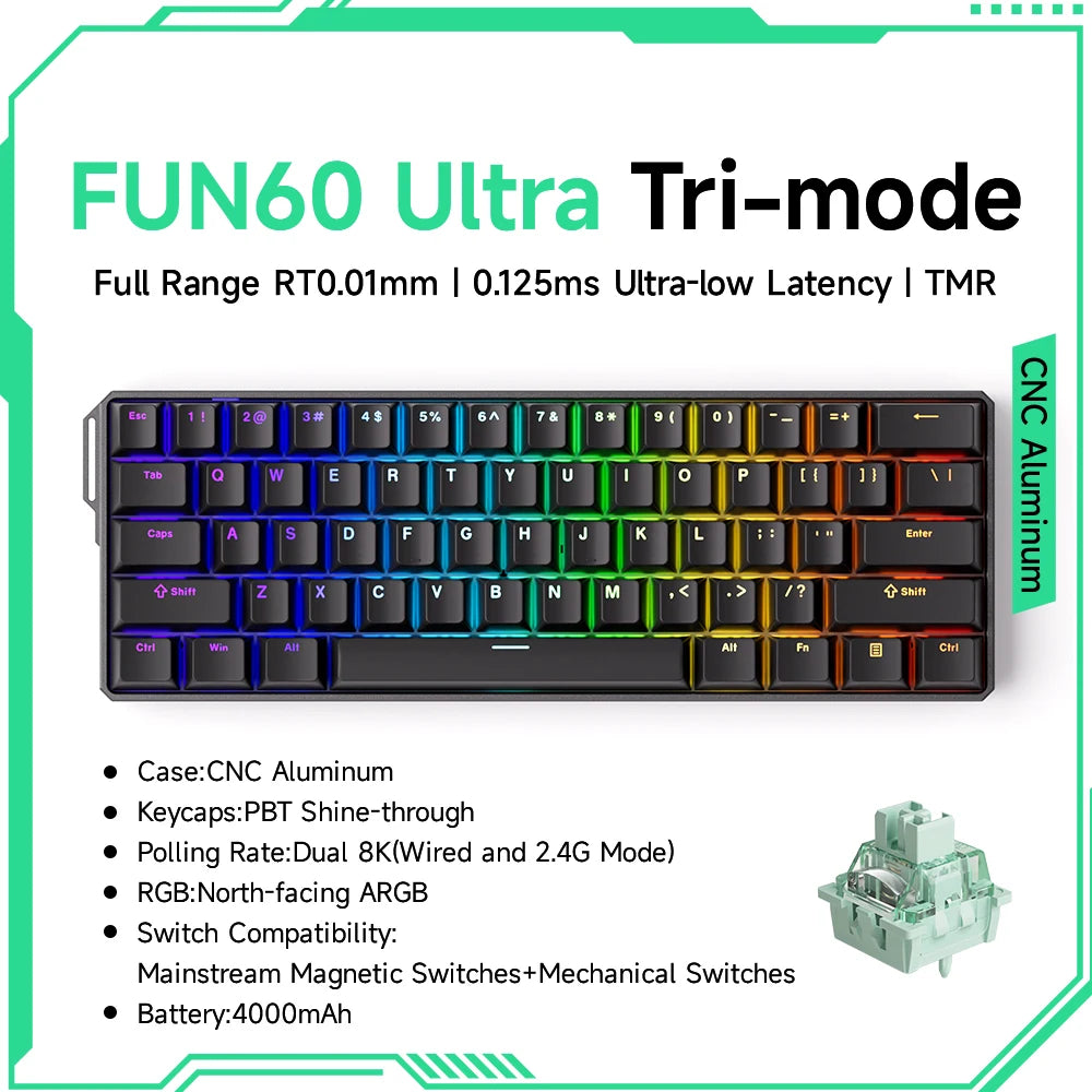 Teclado Mecânico Akko MonsGeek FUN60 com Switch Magnético, 60%, Teclado Gaming, Rapid Trigger 0.01mm, 8K, ARGB, HE/TMR, Teclado Personalizado