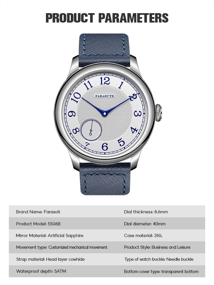 Reloj mecánico manual FARASUTE NEW Machinery para hombre, esfera salmón, ST17, segundero pequeño, estilo vintage, brazalete Bonklip