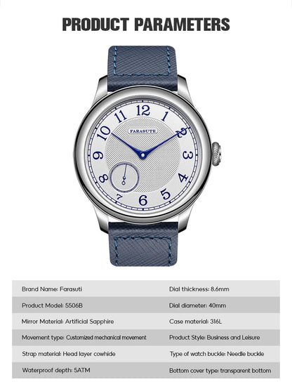 Reloj mecánico manual FARASUTE NEW Machinery para hombre, esfera salmón, ST17, segundero pequeño, estilo vintage, brazalete Bonklip