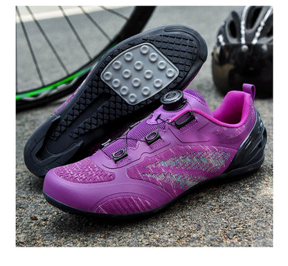 Sapatos de ciclismo MTB para homem e mulher T03 roxos respiráveis, de velocidade, autoblocantes, para ciclismo de estrada, corrida ao ar livre e treino