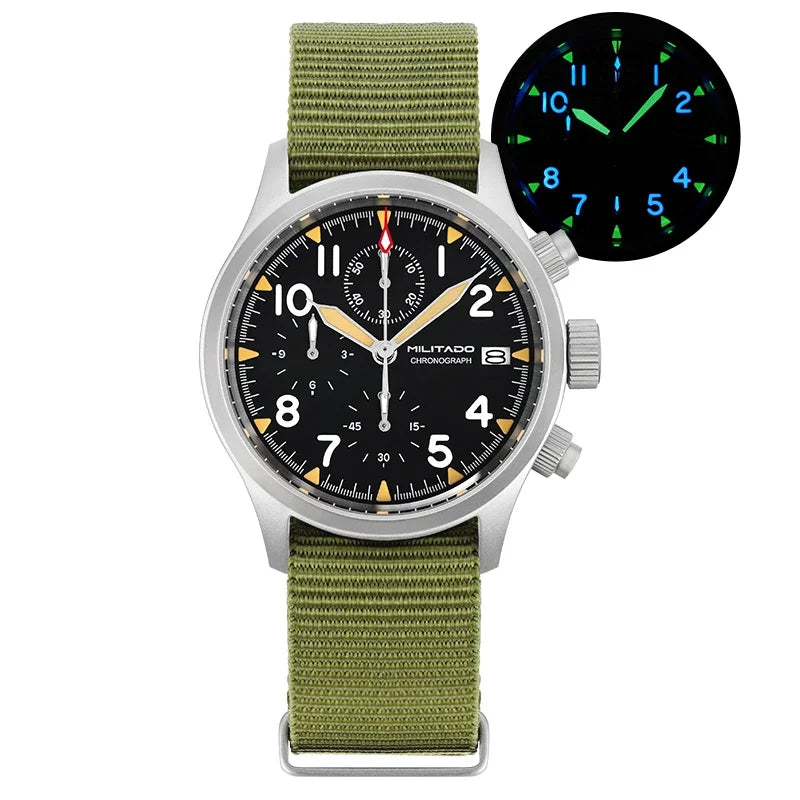 Relógio cronógrafo de quartzo Militado VK61 VK67 39mm, caixa em aço inoxidável 316L, 3 mostradores, impermeável 100M, relógio militar multifunções