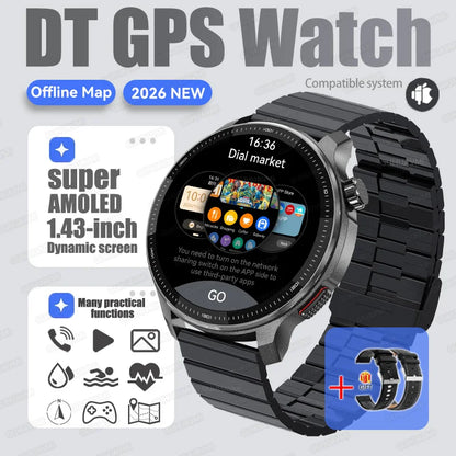 New GPS Offline Maps Smart Watch Men Memory 3D Menu Styles TWS MP3&MP4 Player 1.43"AMOLED Compass Sport Swim Waterproof Bracelet
