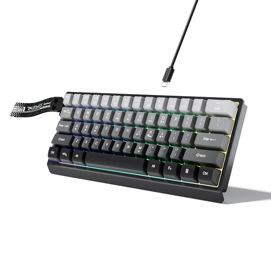 Teclado compacto com fios de 60% com retroiluminação RGB e teclas em degradé de cor, compatível com tablets Windows, computadores portáteis e gamers.