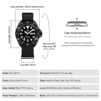Reloj de lujo Watchdives WD1980 V3 con movimiento de cuarzo VH31 de segundero fluido, cristal de zafiro con revestimiento AR, resistencia al agua 10Bar, reloj para hombre