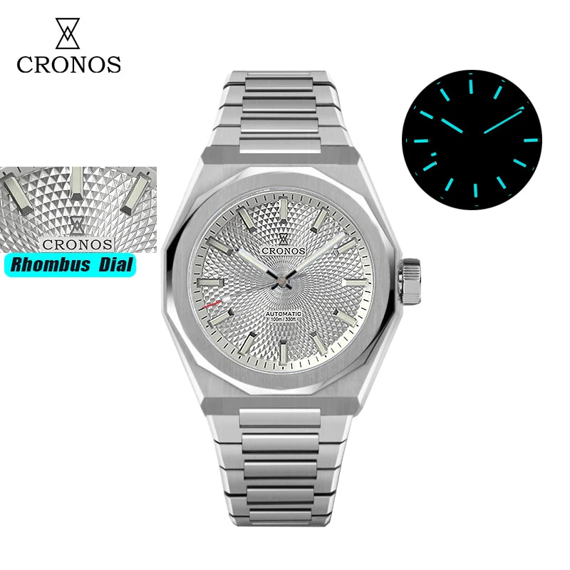 Cronos New Rhombus Perlage 39mm Dial PT5004 Miyota 90S5 See-through Caseback Men Automatic Wristwatches 10ATM Lumious