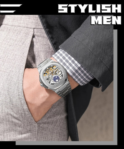 2026 High-end Luxury SKROX Square Man Watch Sapphire Stainless Steel Skeleton Moon Phase Classic Automatic Movement Male Watches