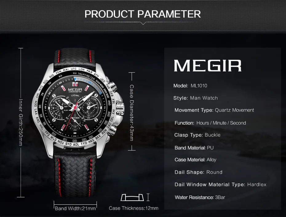 MEGIR 1010 Men's Quartz Watch with Leather Strap, Analog Display, Fashion Design, Stylish Gift for Men relogio feminino