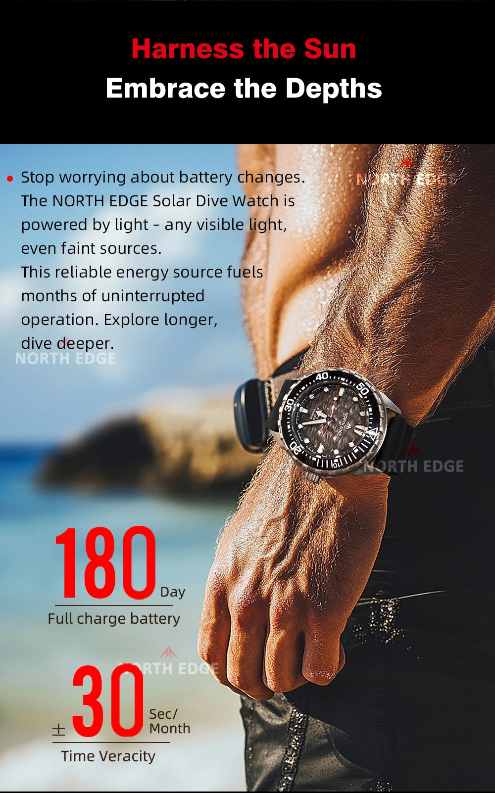 NORTH EDGE TRITON-TI Titanium Stainless Solar-Powered Diving Watch Luxury Quartz Watches For Men 300M Waterproof 180+ Day Power