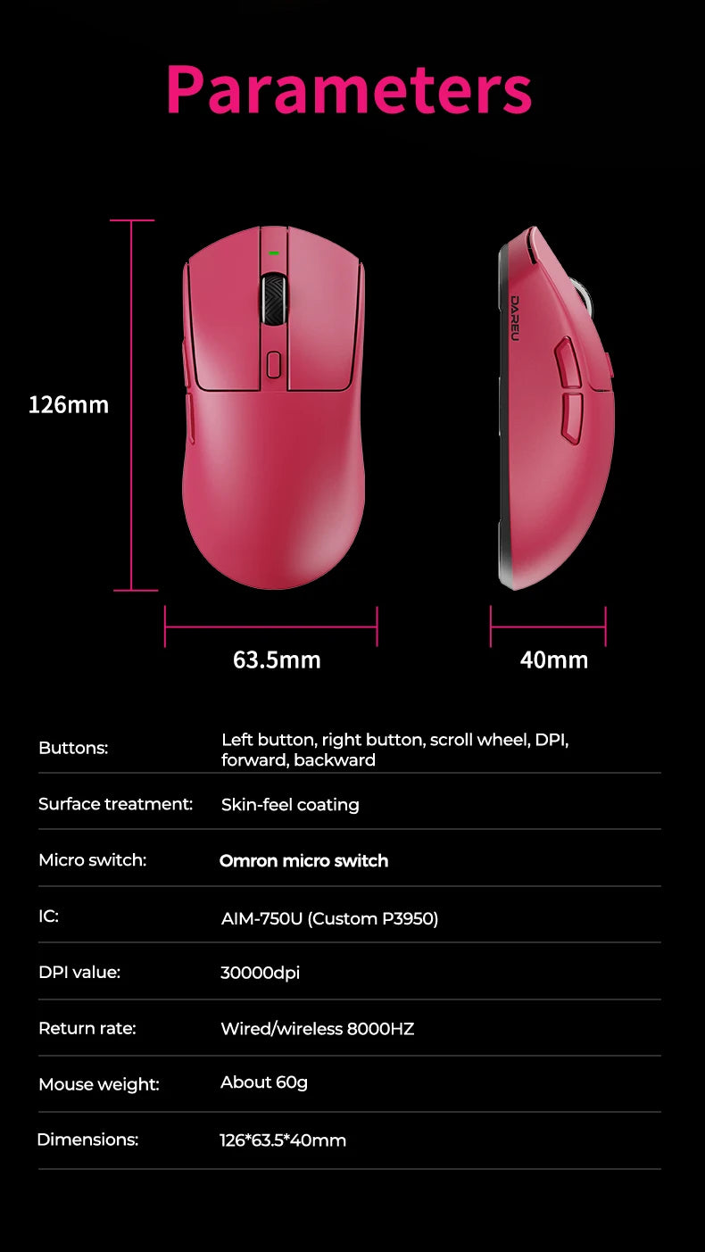 DAREU Wireless Gaming Mouse 8kHz Polling Rate AIM-750 (3950) 30000 DPI Tri-Mode Mouse Gamer 60g with Charging Base
