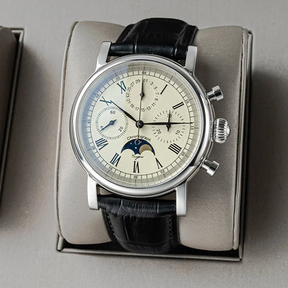 Sugess Men Watch ST1908 Swanneck Movement Mechanical Chronograph Wristwatch Genuine Moonphase Calendar Vintage Leather NEW 2023