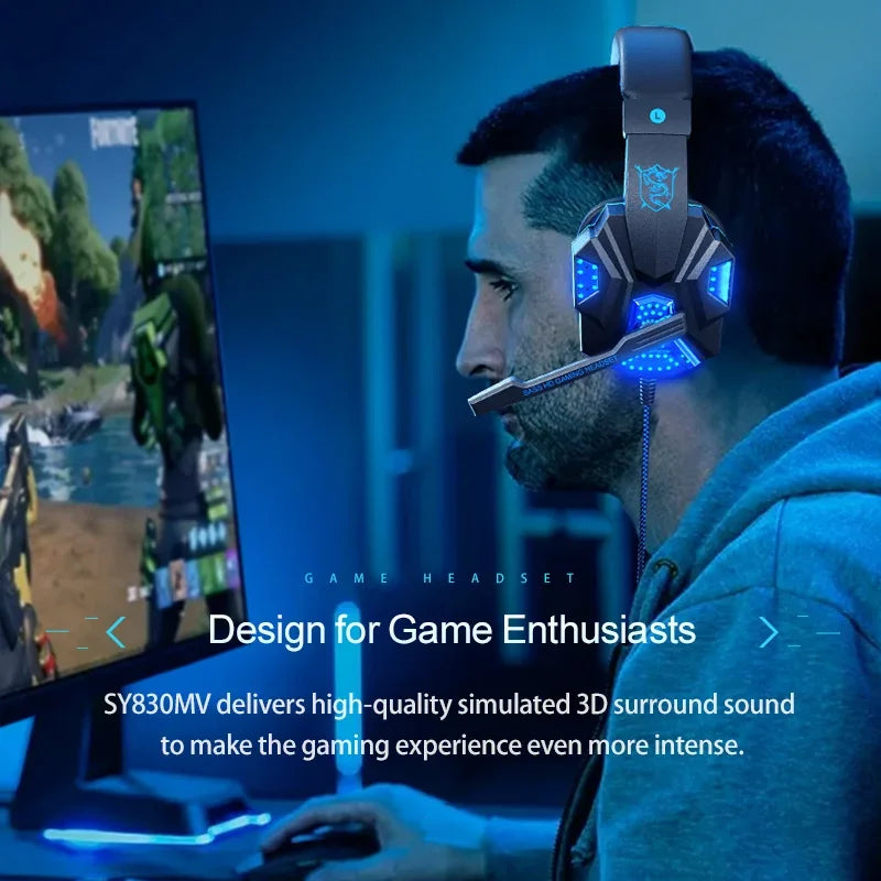 Auscultadores Gaming HOMEFISH SY830MV RGB com Microfone – Auscultadores Gaming Over-Ear com Fio para PC, PS5, Xbox e Nintendo Switch, Headset Esports Leve com Som Surround 3D