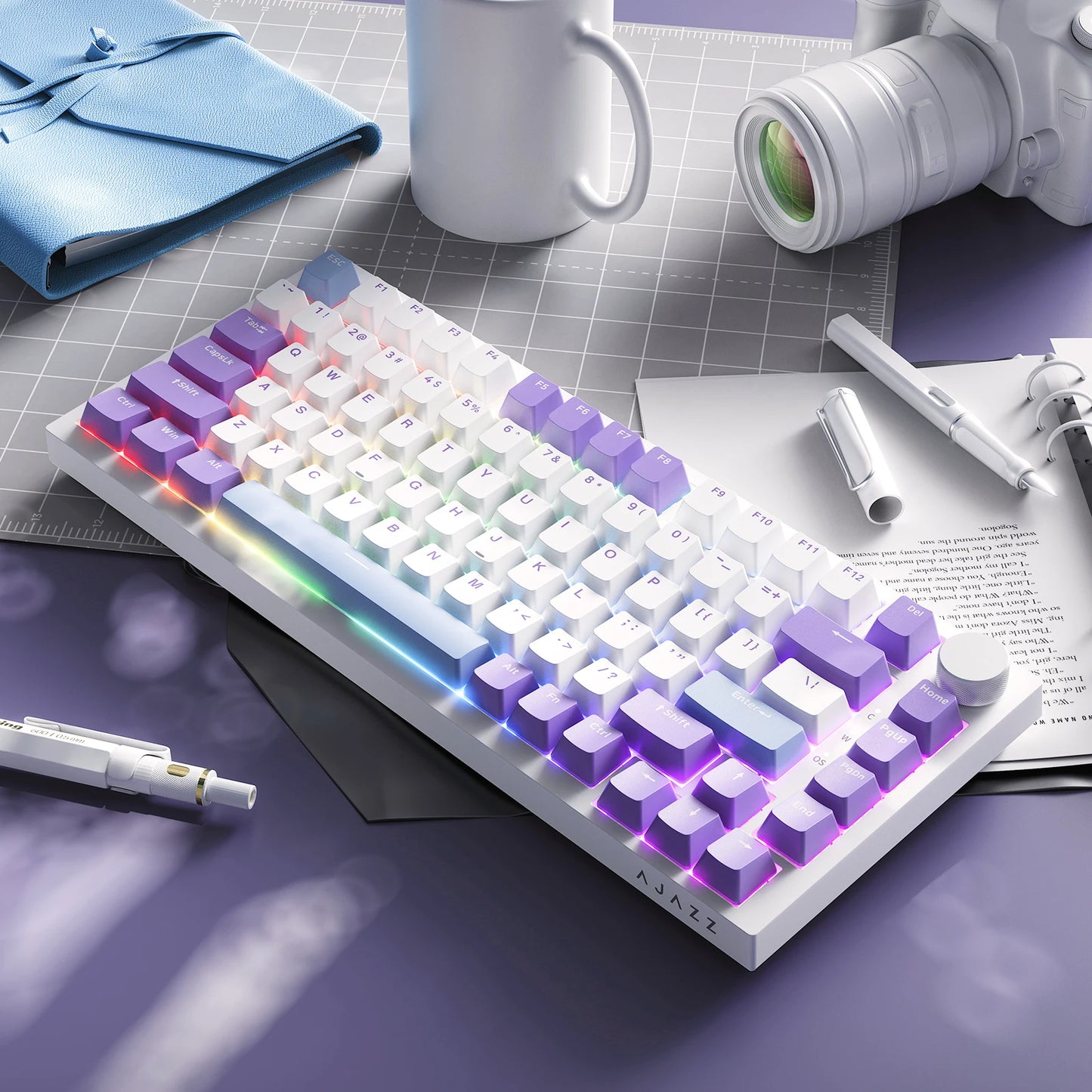 AJAZZ AK820 75% Wired Mechanical Keyboard: Hot‑Swappable, RGB/White/Ice‑Blue Backlit, Volume Knob Control | For Office & Gaming