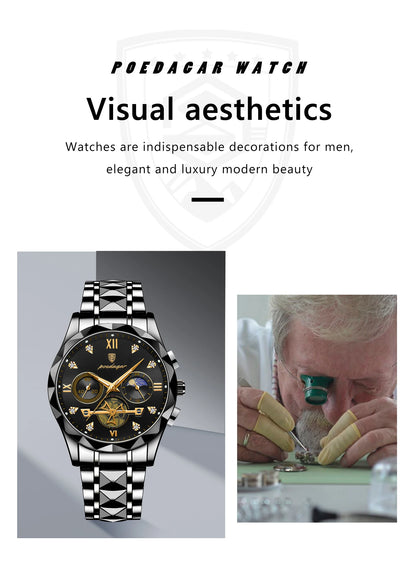POEDAGAR Top High Quality Man Wristwatch Stainless Steel Chronograph Business Men Watch Waterproof Luminous Quartz Men's Watches