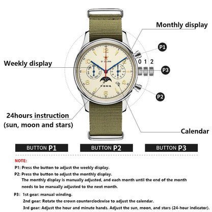 SEAKOSS Automatic Mechanical Wristwatch 1963 with Seagull ST1654 Movement 24H-Hour Display Air Force Pilot Calendar Men's Watches