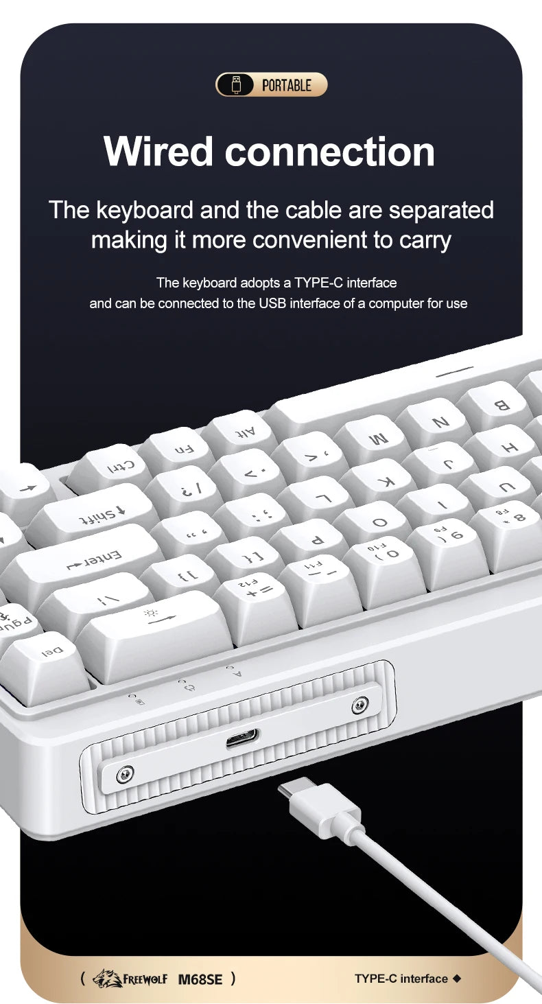 FREEWOLF M68SE Tastiera con sensazione meccanica, 68 tasti, mini tastiera compatta cablata e silenziosa per laptop, gaming e uso ufficio