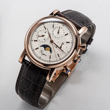 Sugess Men Watch ST1908 Swanneck Movement Mechanical Chronograph Wristwatch Genuine Moonphase Calendar Vintage Leather NEW 2023