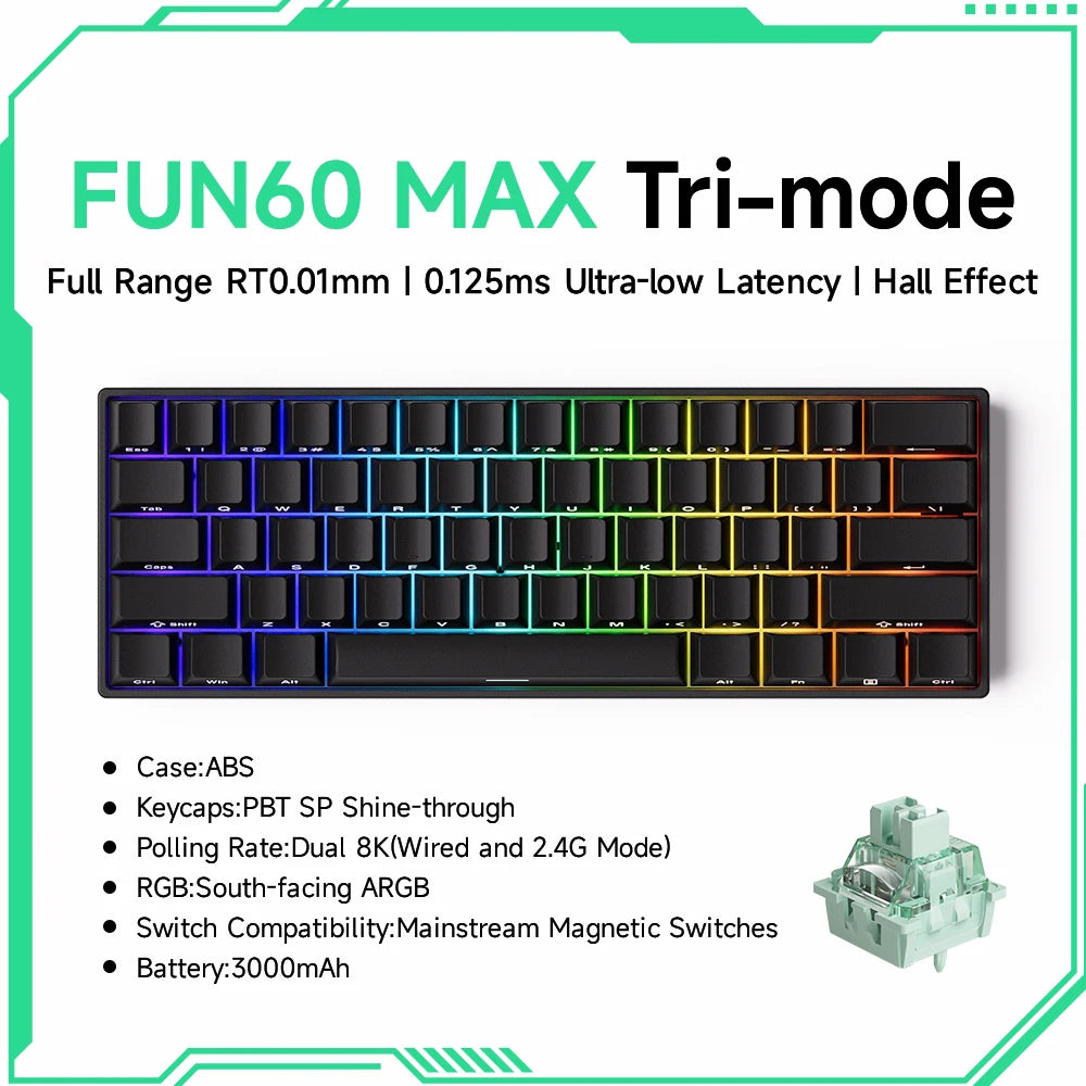 Teclado Mecânico Akko MonsGeek FUN60 com Switch Magnético, 60%, Teclado Gaming, Rapid Trigger 0.01mm, 8K, ARGB, HE/TMR, Teclado Personalizado
