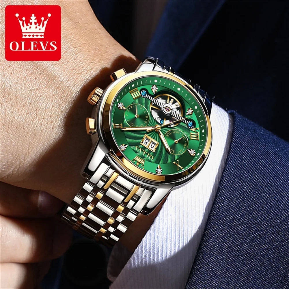 Montre homme OLEVS 9910, marque de luxe originale, étanche, lumineuse, automatique, mécanique, double calendrier, coffret.