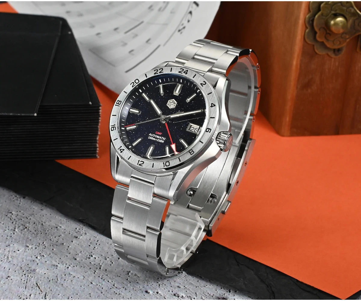 Reloj de lujo para hombre San Martin 39mm con esfera de aventurina, NH34 GMT automático mecánico, zafiro, resistente al agua, luminoso, SN0129