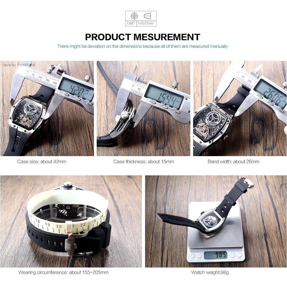 MINI FOCUS Men's Wristwatch Fashion Black Waterproof Automatic Mechanical Watch with Luminous Hands Silicone Strap Tonneau Dial