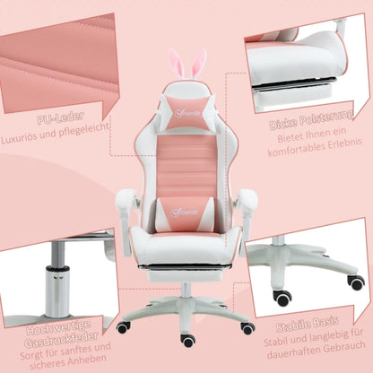 Ergonomic Gaming Chair, Reclinable Gamer Chair 135 ° , Footrest, Lumbar Cushion and Headrest, Adjustable Height, Pink
