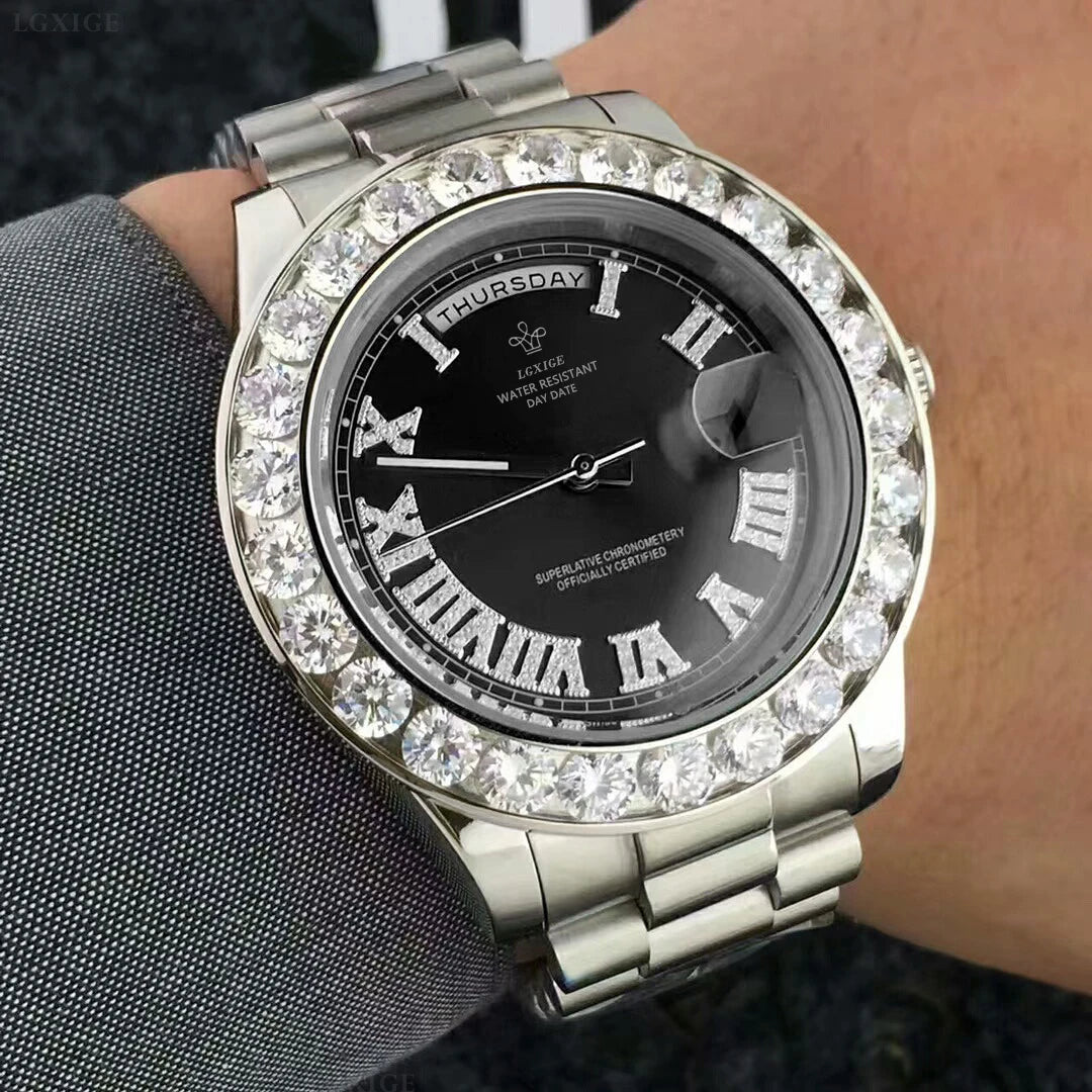 2025 New Big Diamond Watch For Men day date Water Resistant Quartz Wristwatch Top Brand Luxury Casual AAA Male Wrist Watch Gilft
