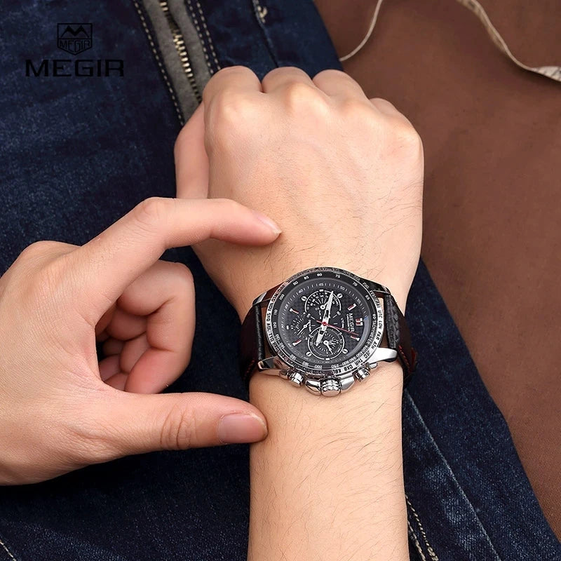 MEGIR muški analogni kvarcni ručni sat – vodootporni luksuzni sat s kožnim remenom, ležernog stila, model 1010 (crni)
