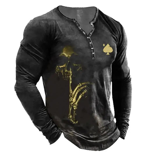 Autumn Skull Henley Shirt 3D Print Streetwear Men's Fashion Vintage Long Sleeve Button T-Shirt Men's T-Shirt Tops Clothing