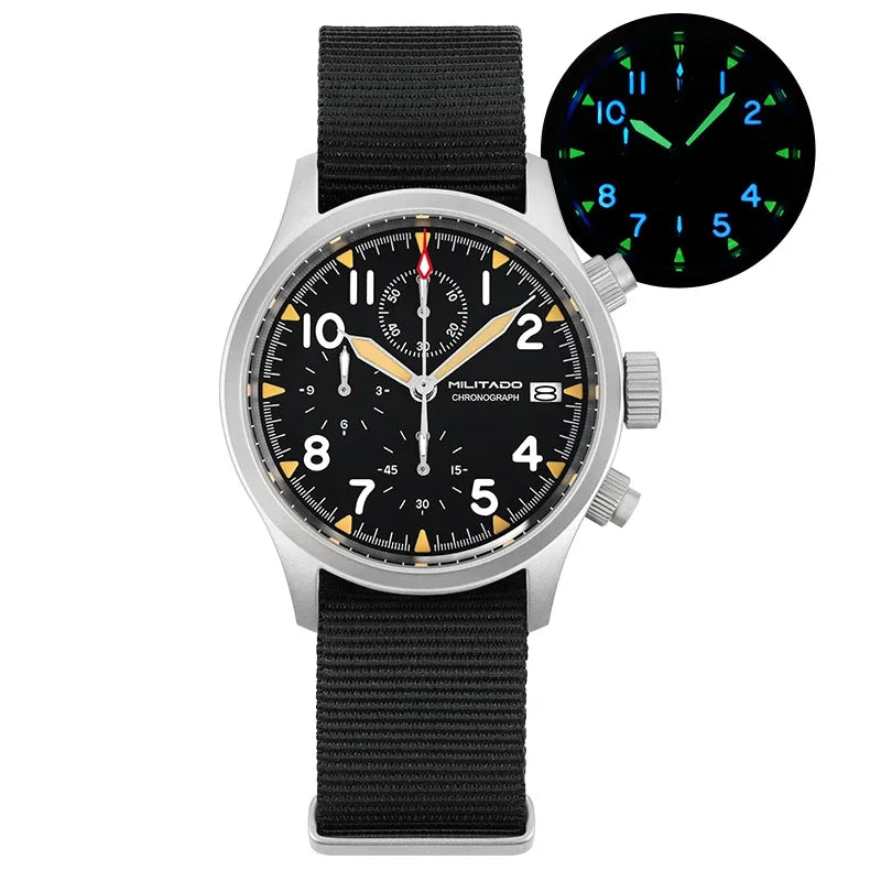 Relógio cronógrafo de quartzo Militado VK61 VK67 39mm, caixa em aço inoxidável 316L, 3 mostradores, impermeável 100M, relógio militar multifunções