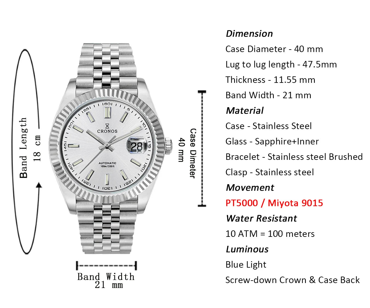 Cronos DateJ Luxury Men's Watch, Stainless Steel 5 Links Bracelet, PT5000 Miyota 9015, 100m Water Resistant, Sapphire