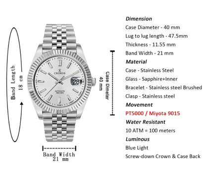 Cronos DateJ Luxury Men's Watch, Stainless Steel 5 Links Bracelet, PT5000 Miyota 9015, 100m Water Resistant, Sapphire