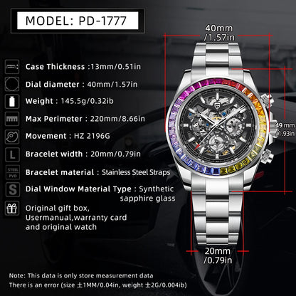 PAGANI DESIGN Personalized Men Automatic Mechanical Watch Colorful Gemstone Bezel Small Three-Pin Tachymeter Design Chronograph